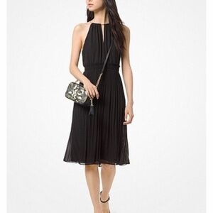 M Michael Kors Woman's Black Pleated Dress With Metal Crew Neck